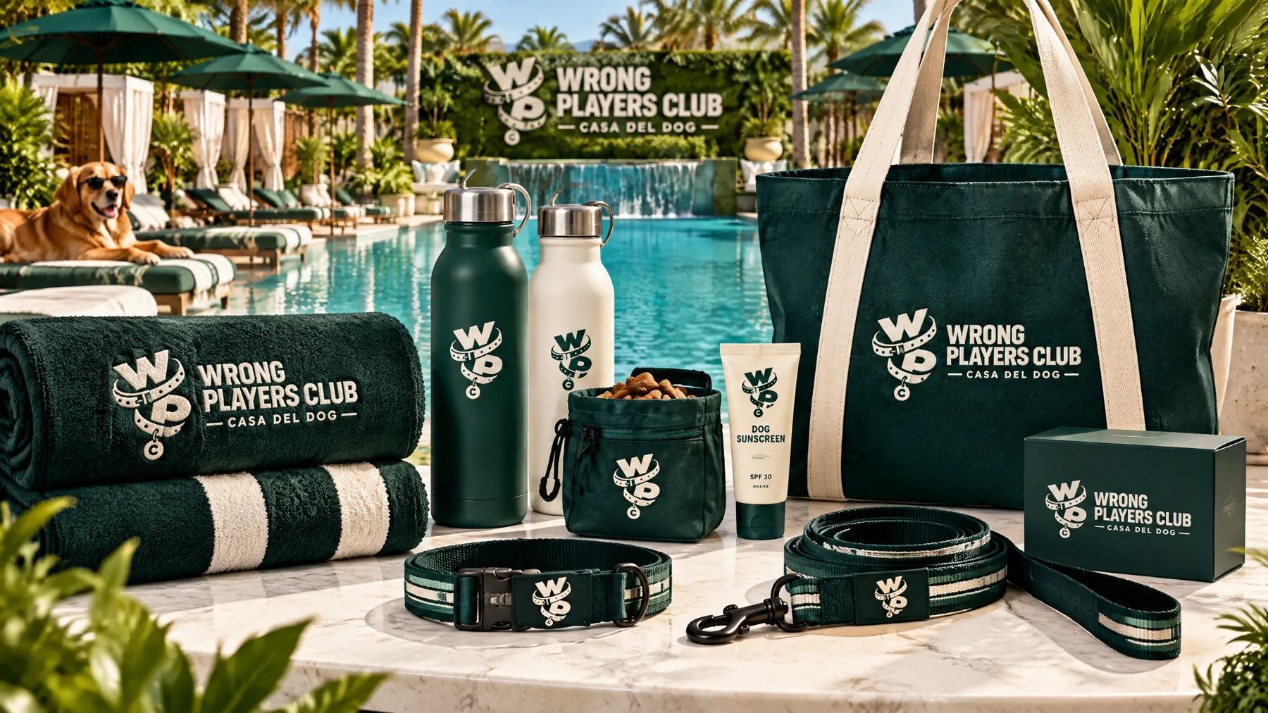 Club towels, bottles, tote, collar and leash by the pool